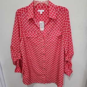 NWT CHARTER CLUB BUTTONED DOWN CORAL TUNIC W/TABBED SLEEVES - SIZE 1X